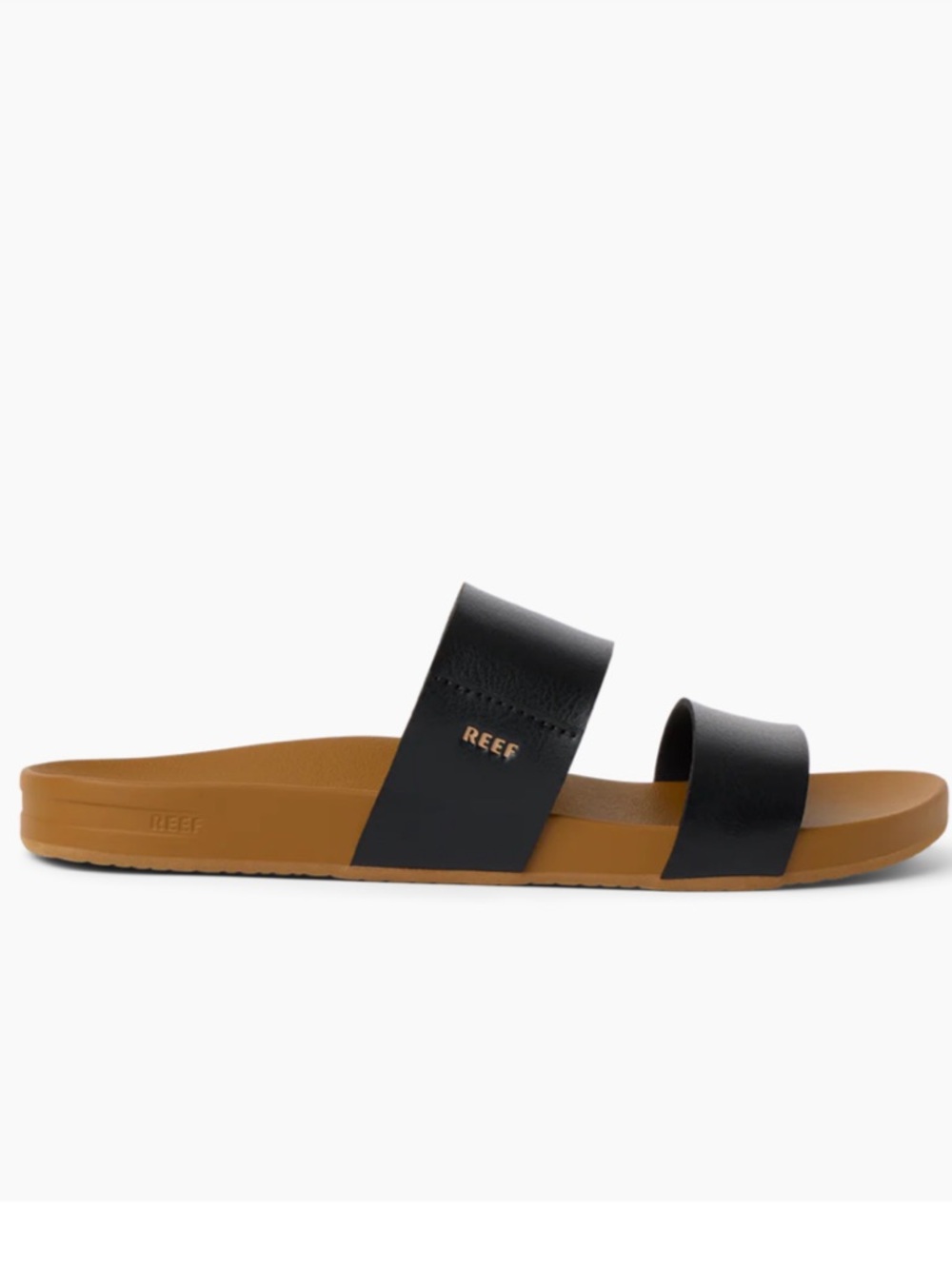 Reef cushion Vista Black Double-Band Slide Sandals with Tan Footbed 8 - Picture 2 of 9